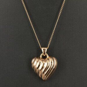 14K Fluted Puff Heart Pendant on Gold-Filled Necklace 1 inch big
